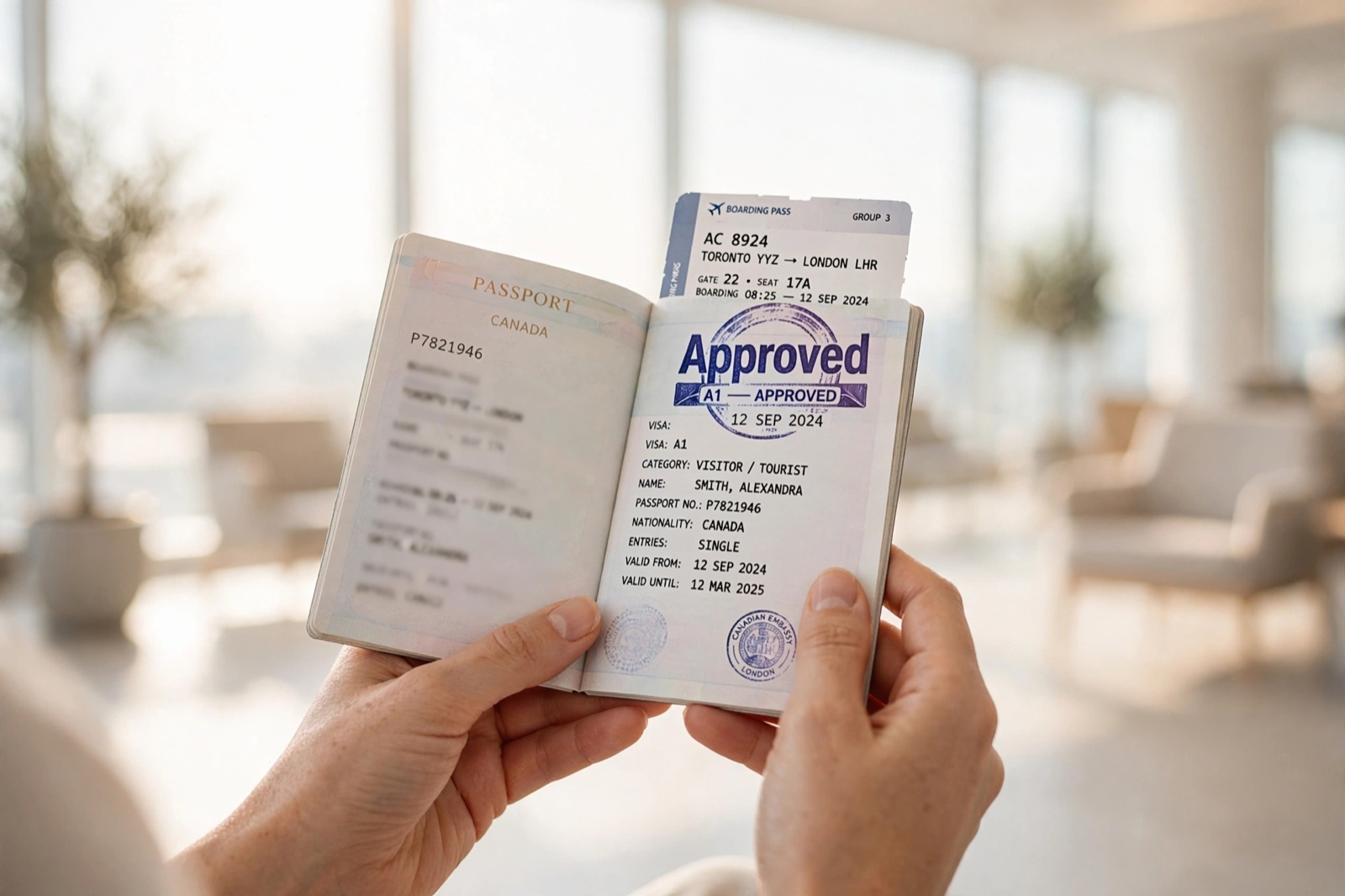 An approved visa and boarding pass, held at the airport
